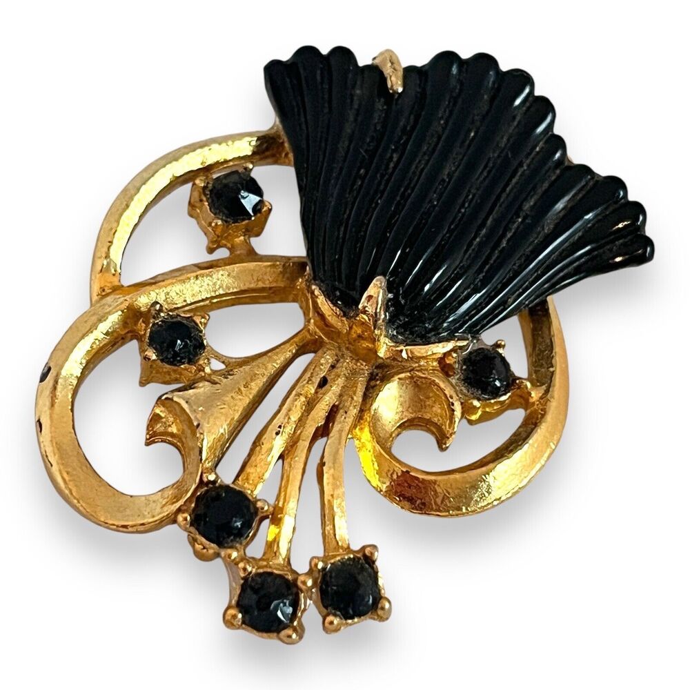 Vintage 1960s Floral Brooch Black Glass Crystals Gold Tone Mid Century - 3K